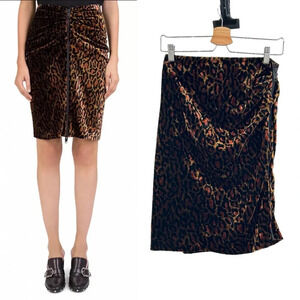 The Kooples Fire Brown Velvet Skirt Leopard Print Front Zipper Size 2 Medium‎